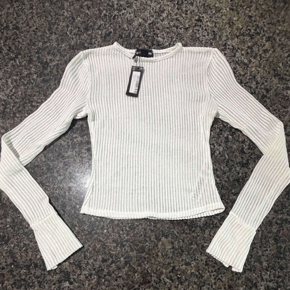 PrettyLittleThing White Sheer Rib Long Sleeve Flared Cuff‎ Top US 6 NEW